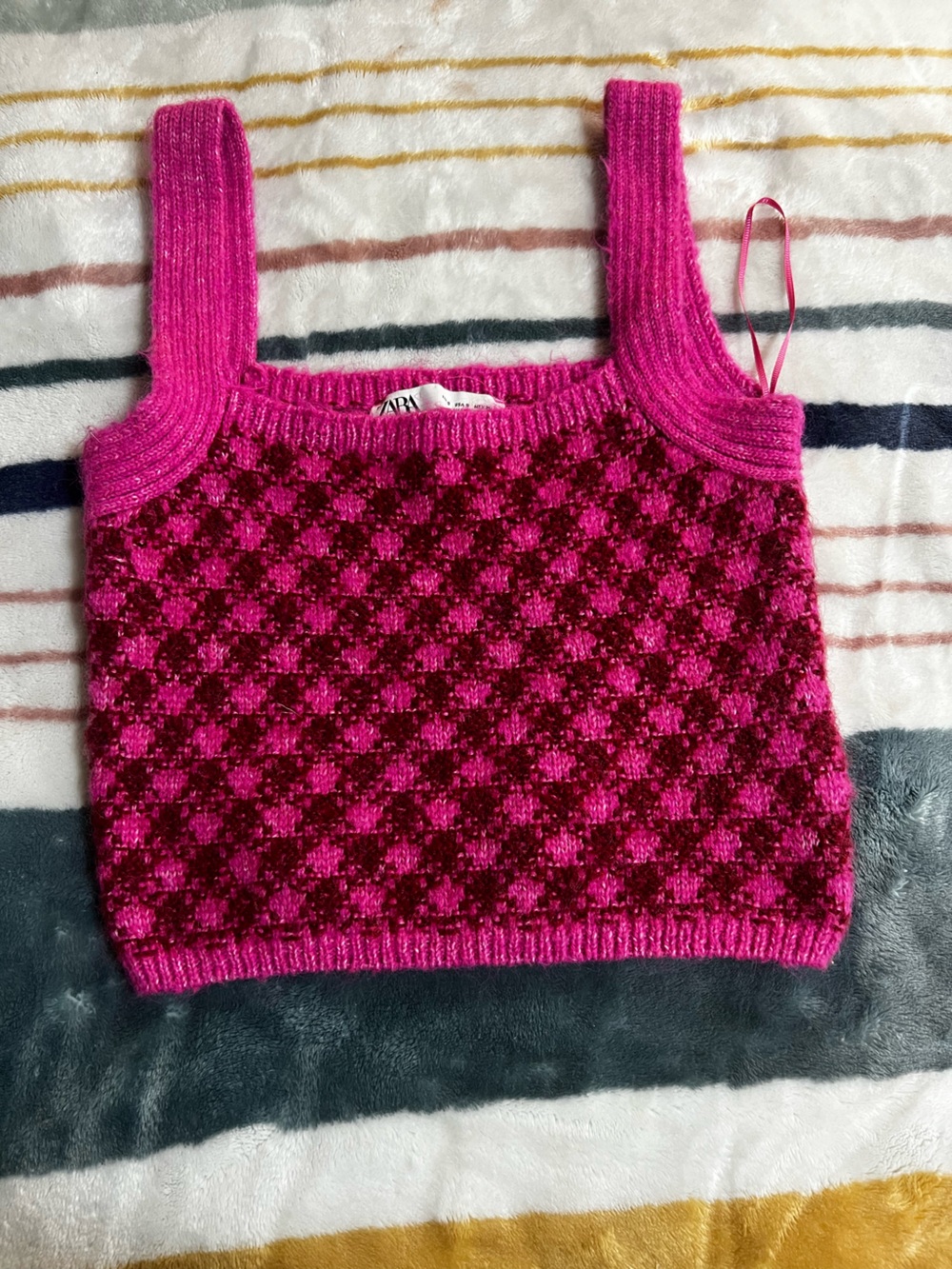 Zara Hot Pink & Magenta Checkered Knit V-Neck Sweater Vest
